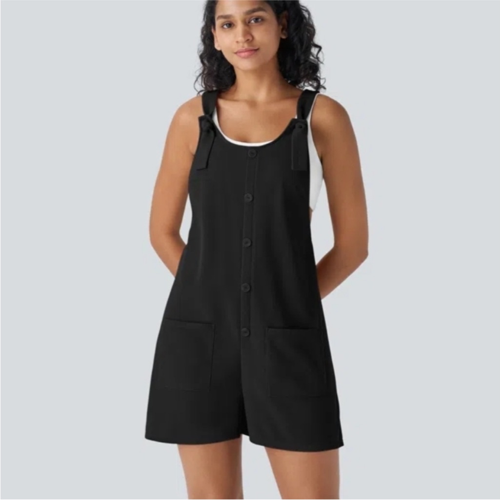 New! Halara Knot Strap Decorative Pockets Waffle Overalls Short Fall Sz Xl